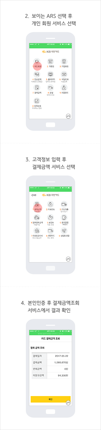 2.보이는 ARS 선택 후 개인회원 서비스 선택 3.고객정보 입력 후 결제금액 서비스 선택 4.본인인증 후 결제금액조회 서비스에서 결과 확인