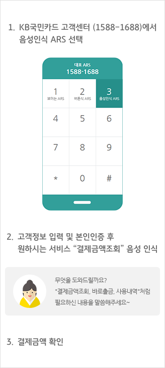 1.KB국민카드 고객센터(1588-1688)에서 음성인식 ARS 선택 2.고객정보 입력 및 본인인증 후 원하시는 서비스 '결제금액조회' 음성인식 (예시 : 무엇을 도와드릴까요? '결제금액조회, 바로출금, 사용내역'처럼 필요하신 내용을 말씀해주세요~) 3.결제금액 확인