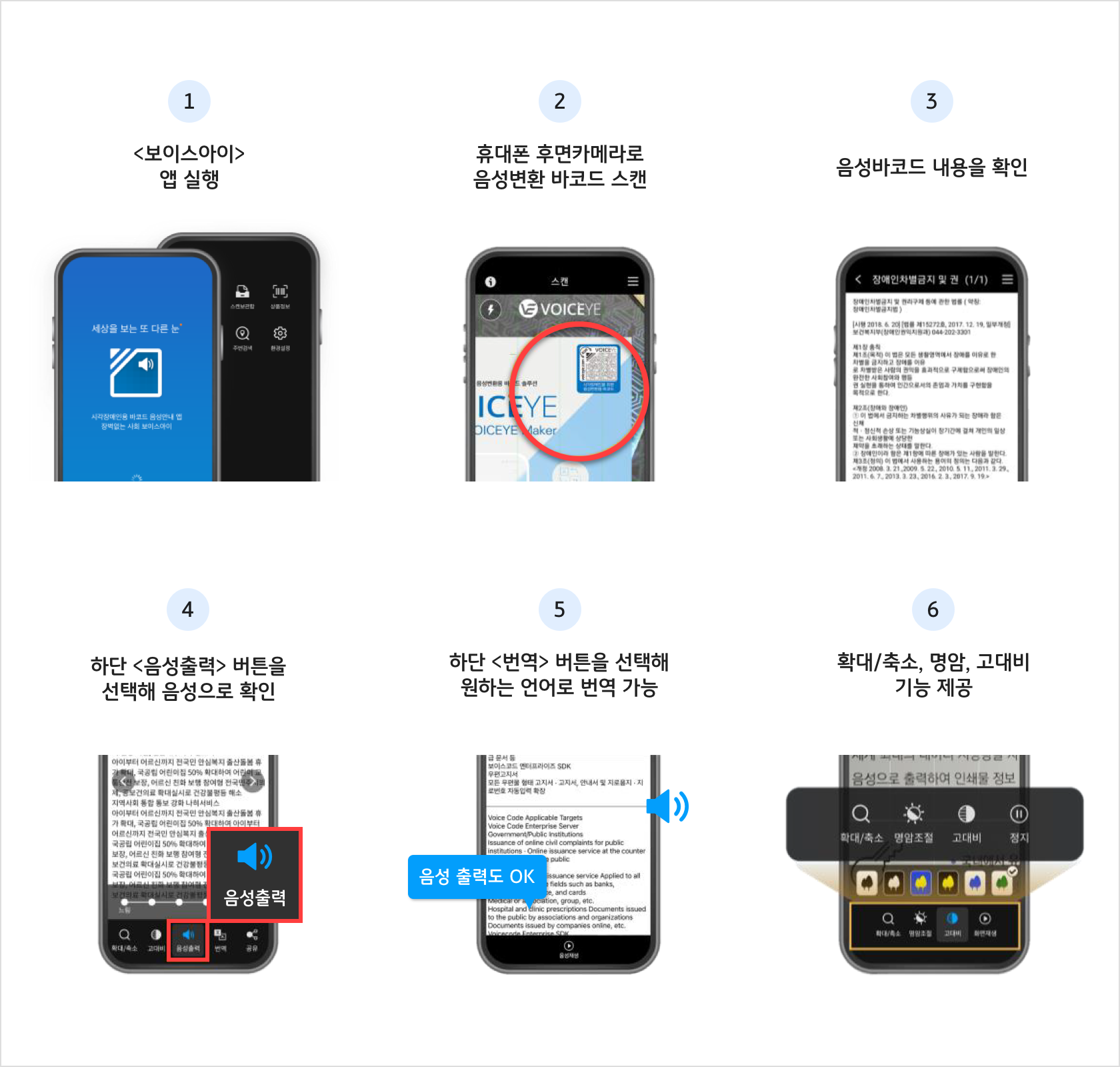 음성 서비스 바코드가 있는 상품약관(안내장) 보이스아이 앱 이용 예시 이미지
