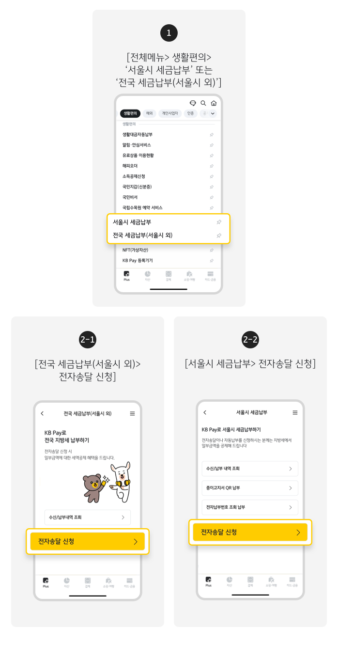 1. 전체메뉴>생활편의>'서울시 세금납부' 또는 '전국 세금납부(서울시 외)' 2-1. 전국세금납부(서울시 외)>전자송달 신청 2-2.서울시 세금납부>전자송달 신청