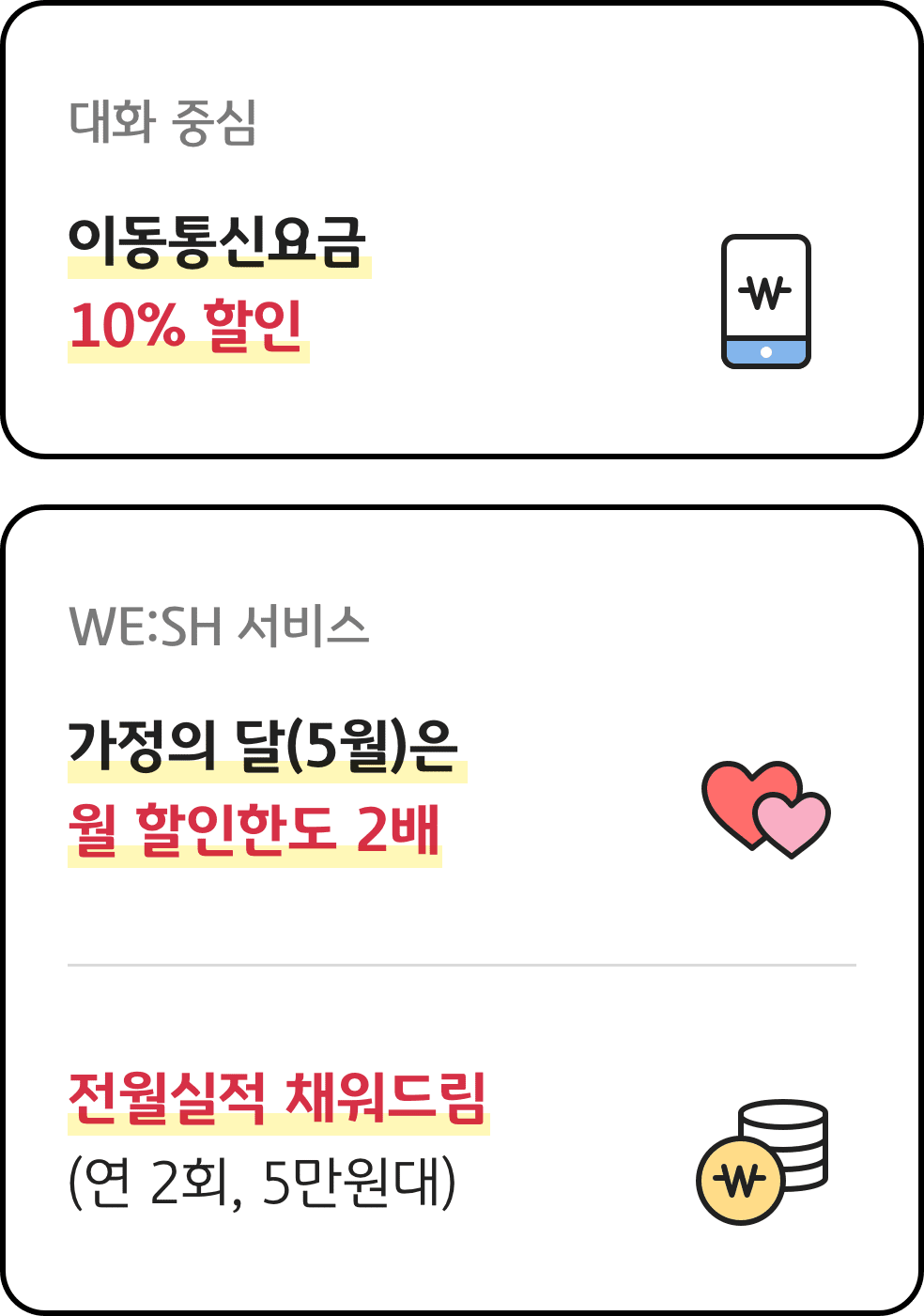 1.대화중심:이동통신요금 10% 할인 2.WE:SH 서비스:가정의 달(5월)은 월 할인한도 2배 2.전월실적 채워드림:(연2회, 5만원대)